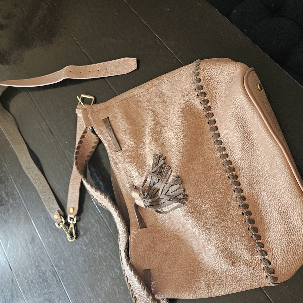 Stylish Pink and Brown Crossbody Bag with Whipstitch Detailing